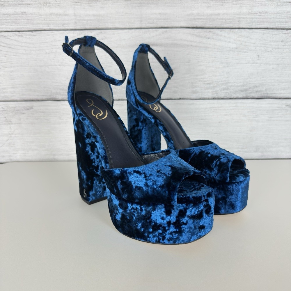 Sam‎ Edelman Kori Platform Heels Blue Velvet Ankle Strap Open Toe Size 7 Bratz